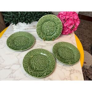 Bordallo Pinheiro Strawberry Leaves green plates set of 4 8" salad vintage